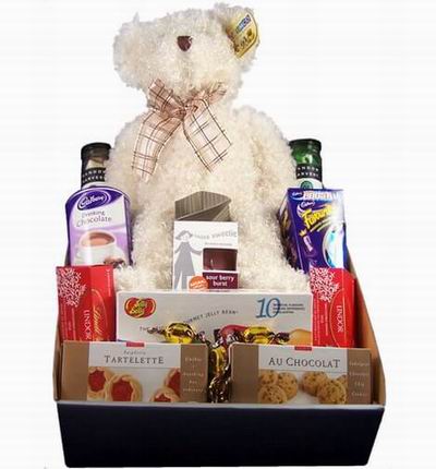 A 30 cm Teddy Bear, Hot chocolate mix, Cadbury candies, Jelly Belly candy, two boxes of Lindt chocolates, Chocolate chip cookies, Tart cookies and two jars of candies.