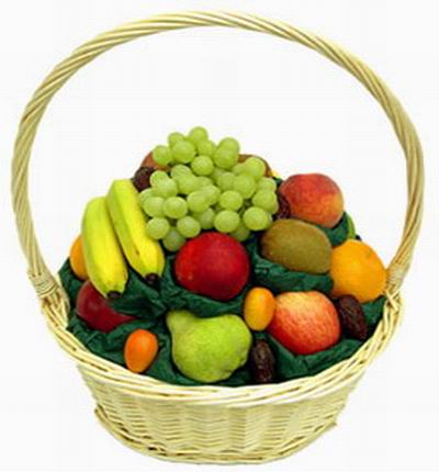 Fruit Basket of 3 Peaches, 3 red Apples, 2 Oranges, 2 Bananas, Finger Grapes, 2 Advocados, 2 mini Tomatoes.