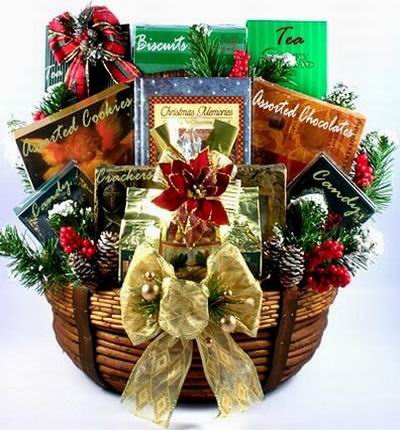 Basket of Assorted Cookies, Assorted Chocolates, two boxes of Candies, two bags of Tea, 1 box of Crackers and 1 box of Biscuits.