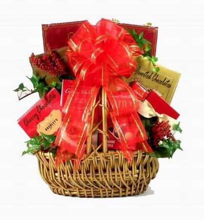 Basket of Chocolate Covered Hazelnuts, Cherry Chocolates, Assorted Chocolates, Chocolate Waffers.