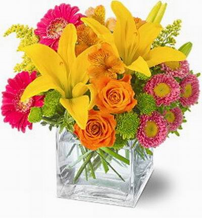 2 yellow lily buds, 2 pink gerberas, 2 orange roses, daisies, Alstromerias and green in vase